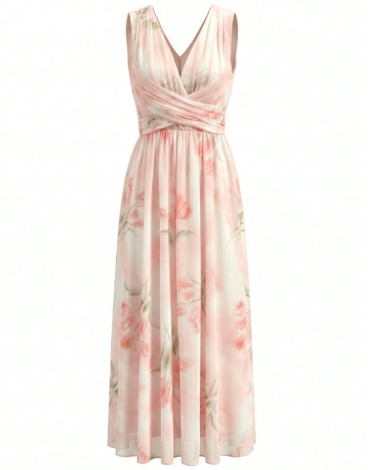 Sukienka maxi z dekoltem w serek i kwiatowym wzorem na wesele