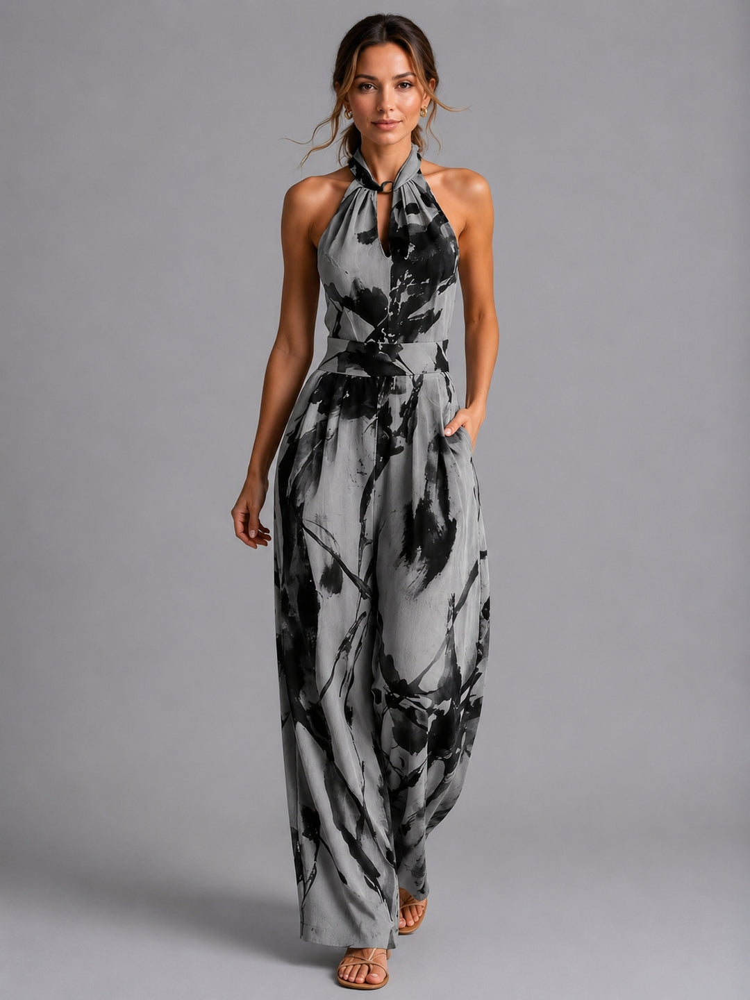 Printed wide-leg summer jumpsuit, side profile wide leg