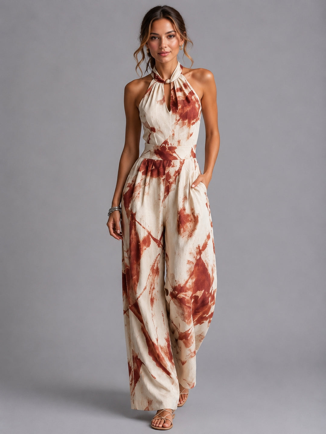Printed wide-leg summer jumpsuit, print detail close-up
