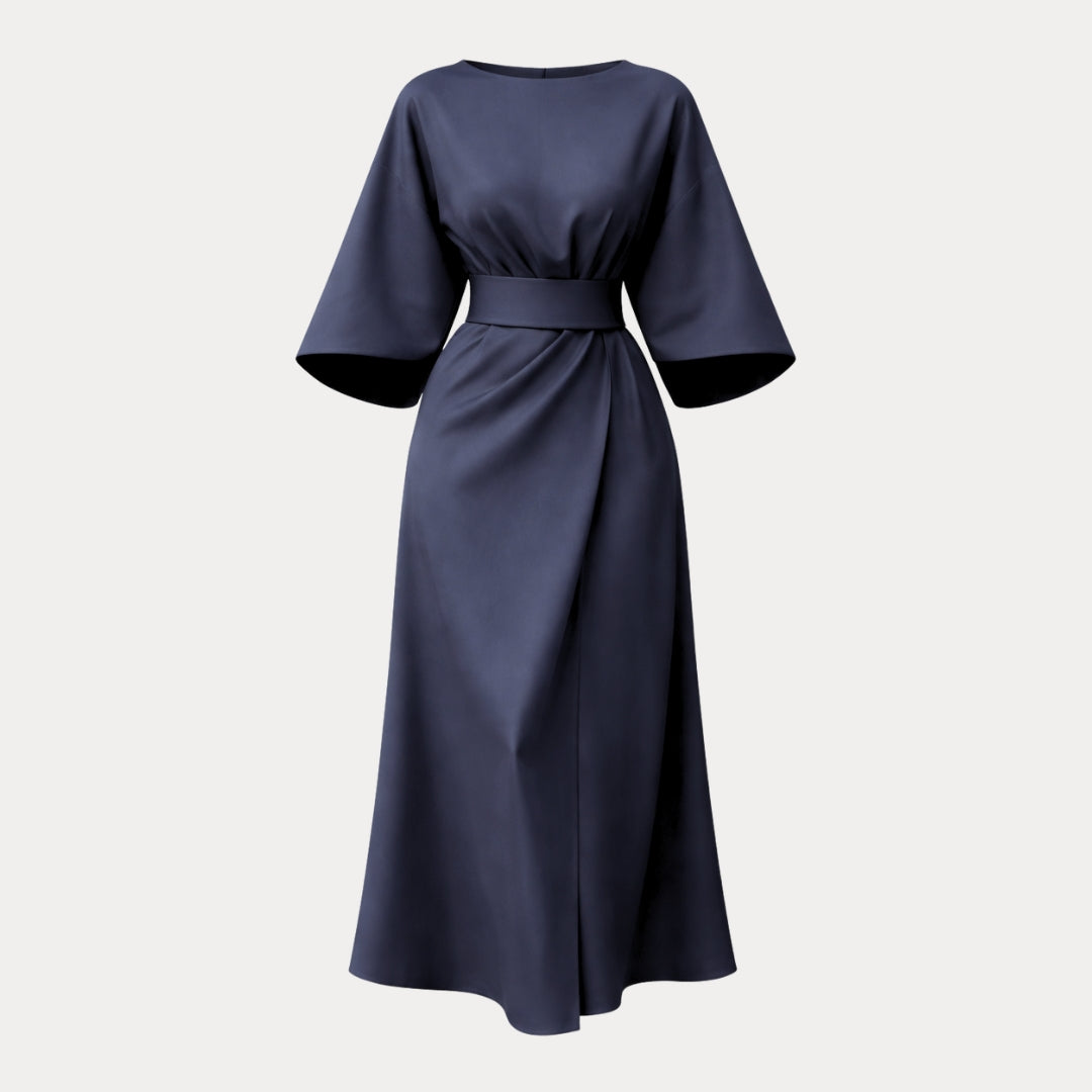 Belted wide sleeve wrap midi dress, front view