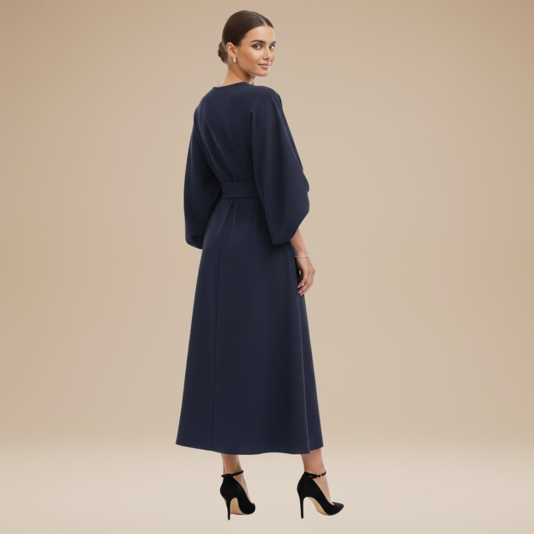 Belted wide sleeve wrap midi dress, waist belt detail