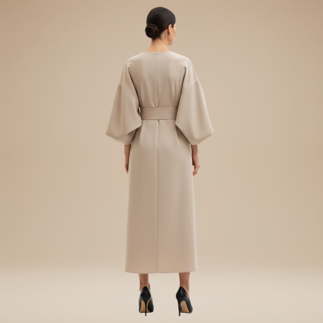 Belted wide sleeve wrap midi dress, fabric drape detail