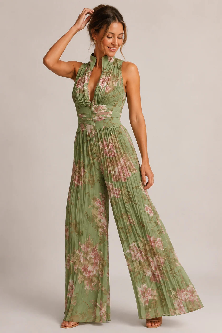 Floral chiffon wide-leg V-neck jumpsuit, back view full length