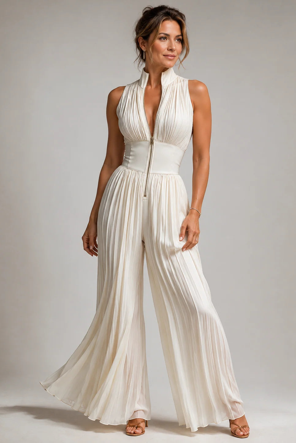 Floral chiffon wide-leg V-neck jumpsuit, side profile view