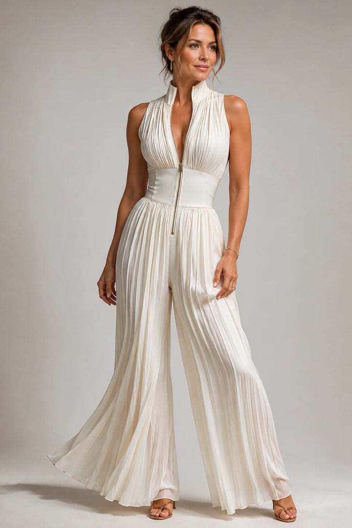 Floral chiffon wide-leg V-neck jumpsuit, side profile view