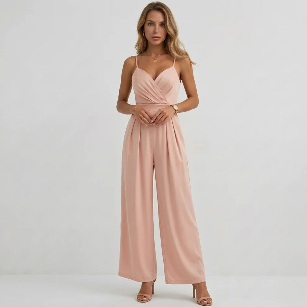 High waisted wide-leg pleated jumpsuit in black, elegant party styling front view