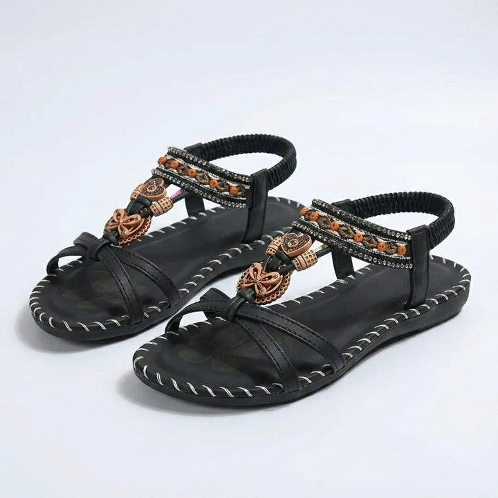 Pearl elastic strap sandals styled with maxi dress, lifestyle