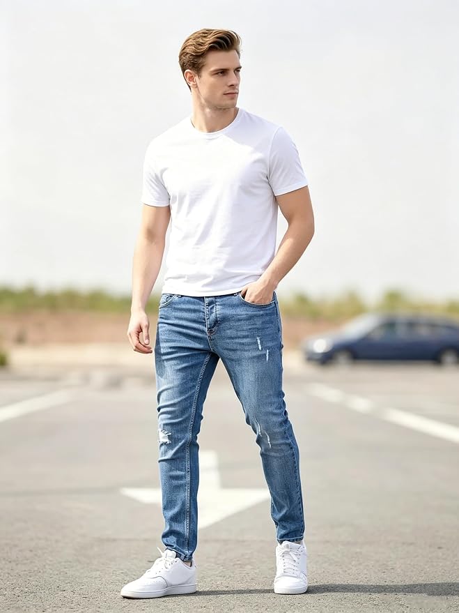 Jeansy męskie slim fit z elastycznego denimu, z pięcioma kieszeniami – Niebieski