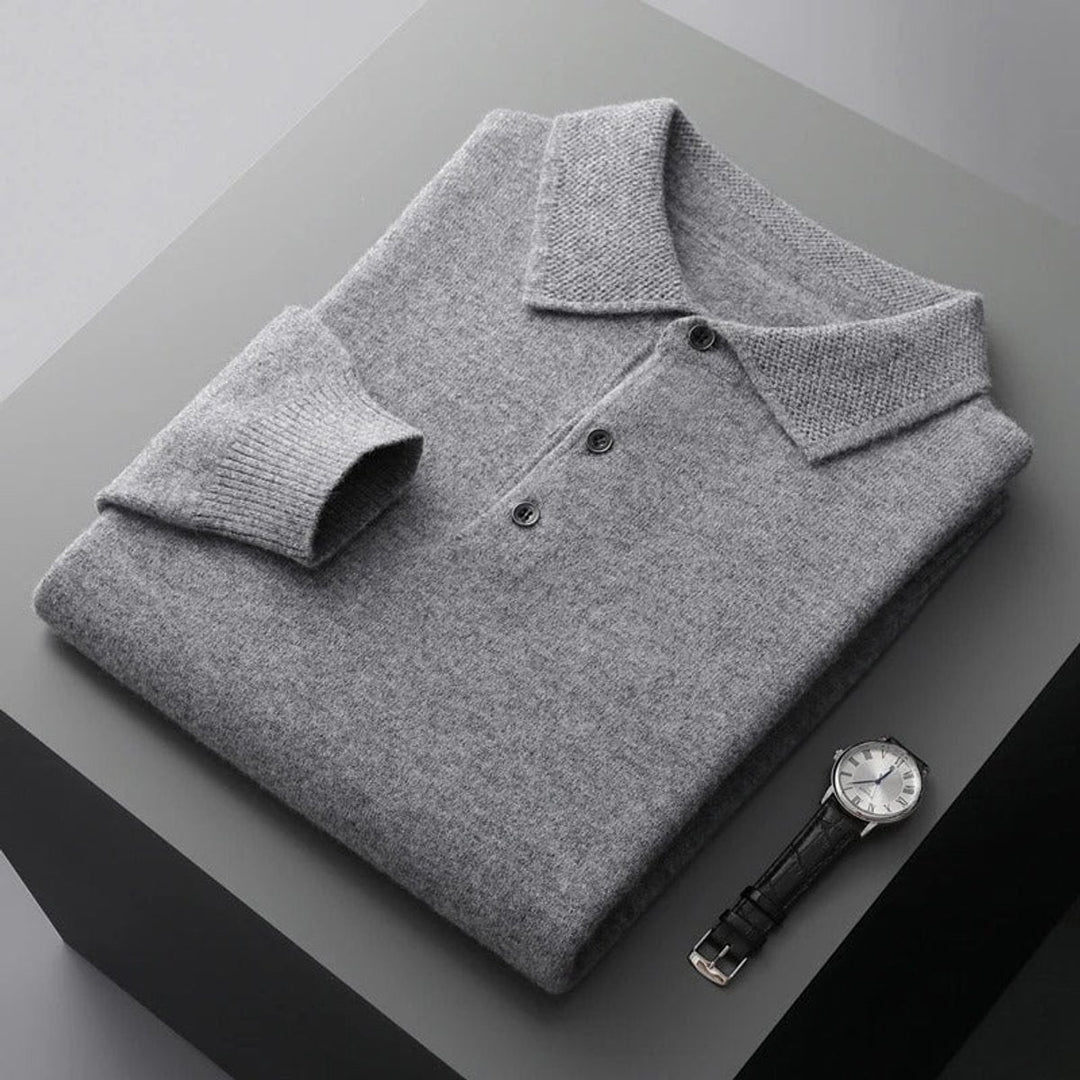 Kaszmirowy sweter męski z kołnierzykiem polo i guzikami