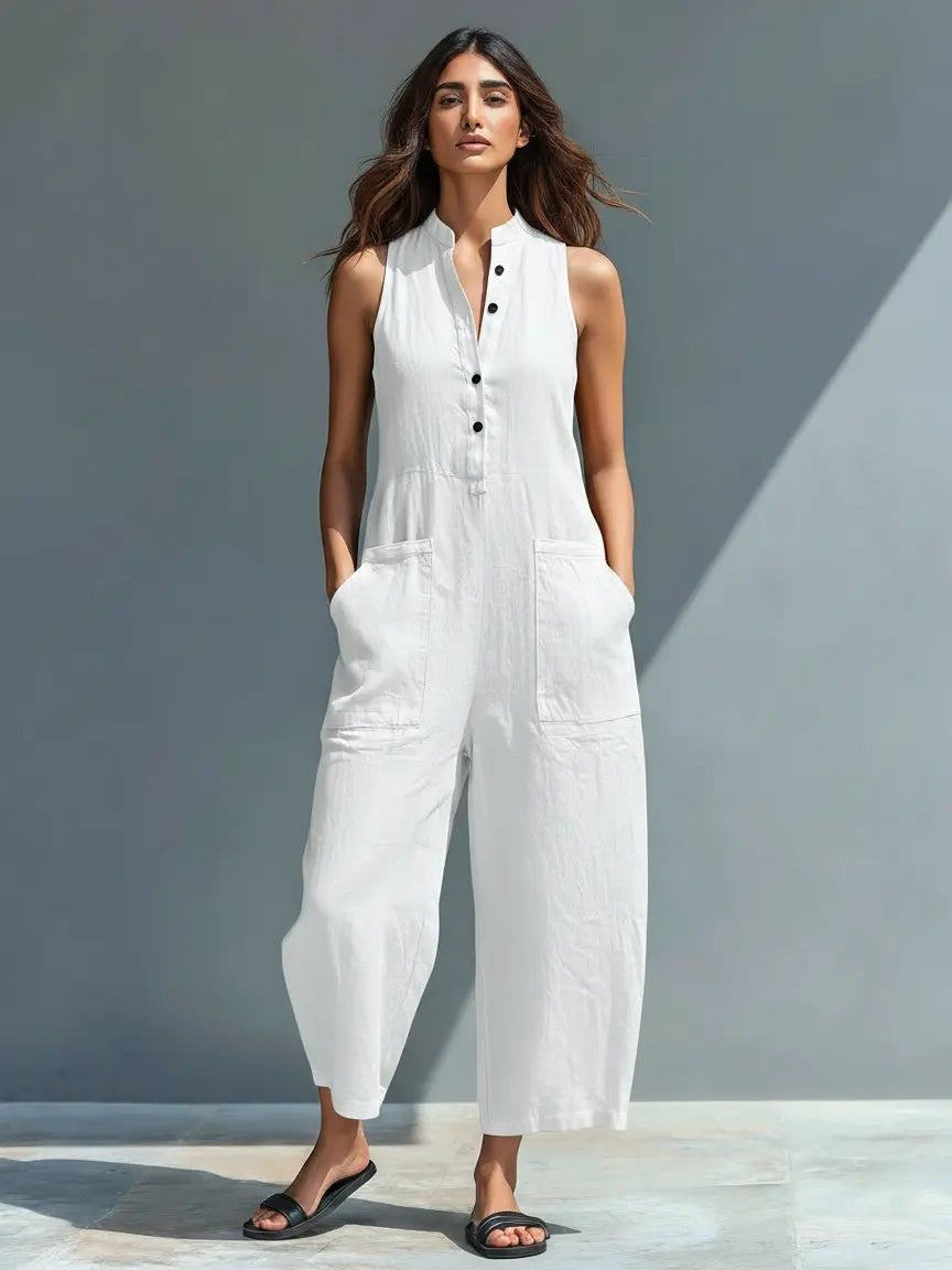 Dames Jumpsuit Mouwloos met Staande Kraag en Wijde Pijp Wit