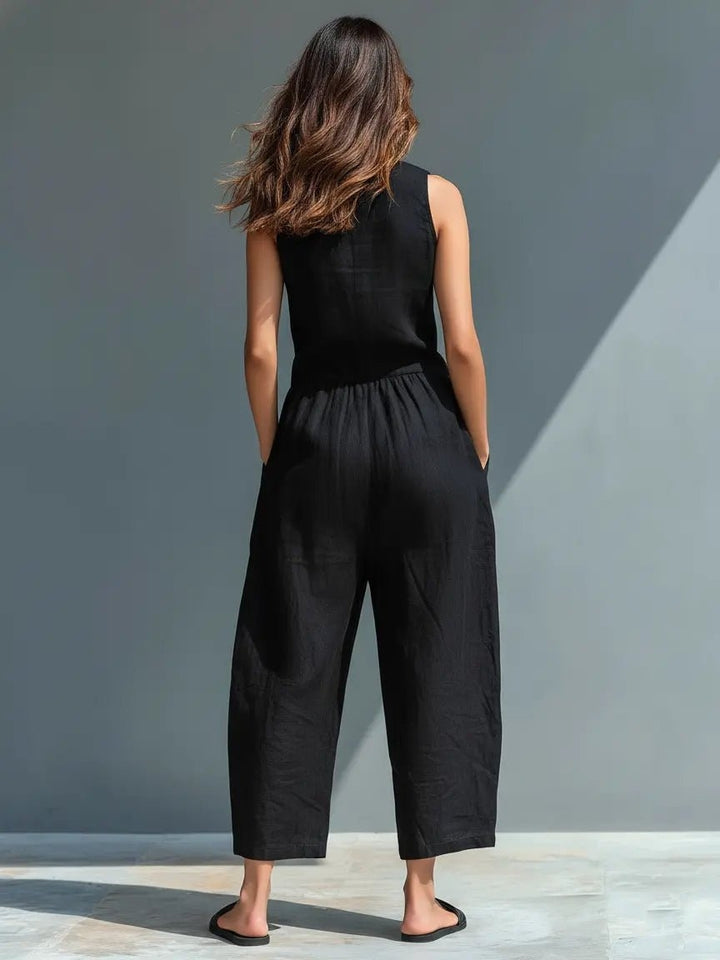 Dames Jumpsuit Mouwloos met Staande Kraag en Wijde Pijp