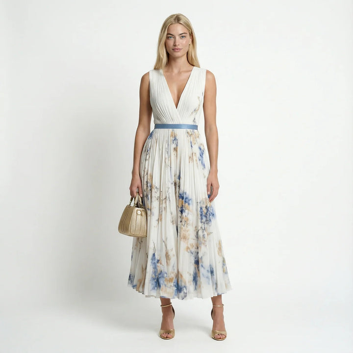 Sleeveless V-neck floral pleated maxi dress in White, front view