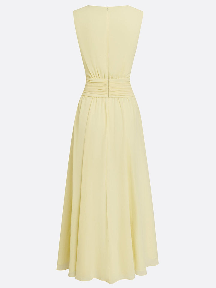 Sleeveless ruched A-line maxi dress in navy, front view