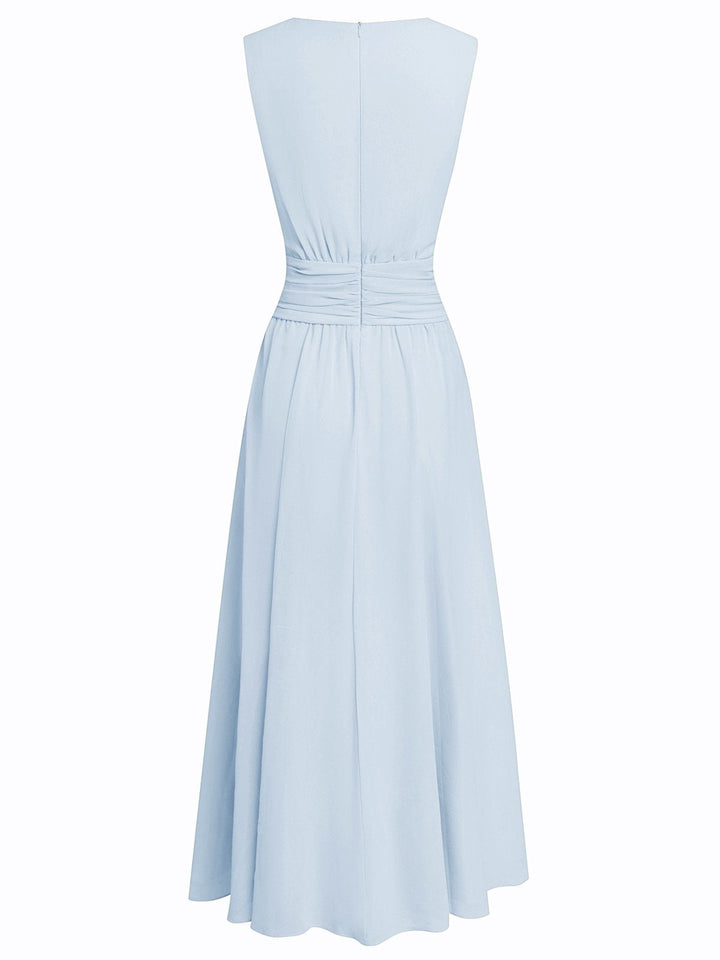 Chiffon A-line maxi dress showing flowing skirt movement