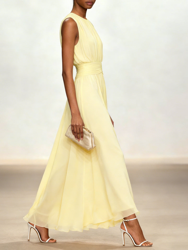 Sleeveless ruched A-line maxi dress in sage green, full length view