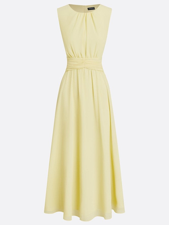 Sleeveless ruched A-line maxi dress in fuchsia, front view