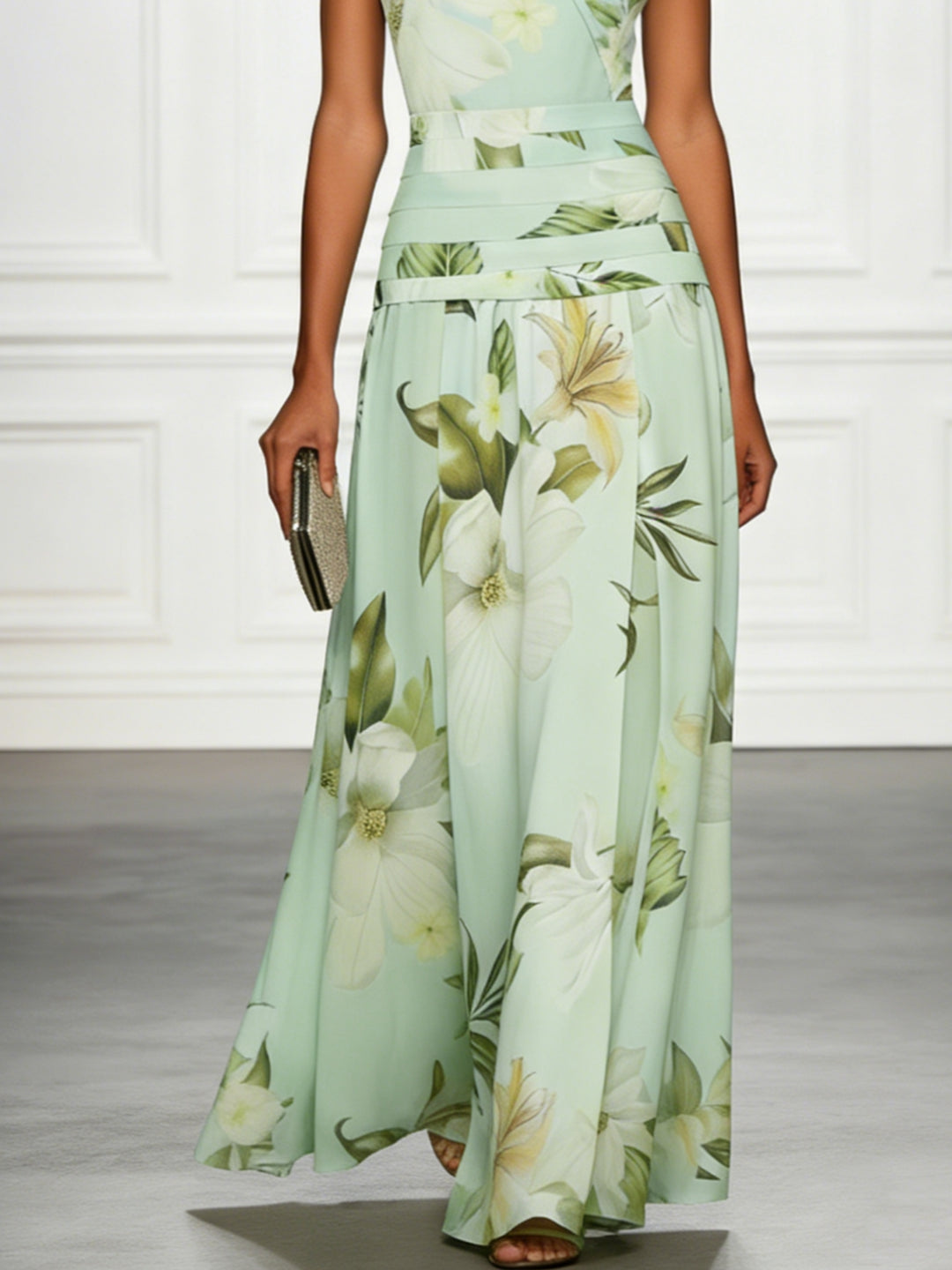 Sage green floral botanical maxi dress, full-length front view