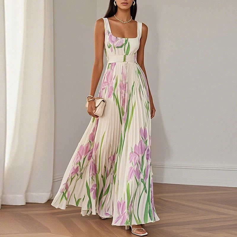 Square neck pleated maxi dress in apricot and purple floral print, side view