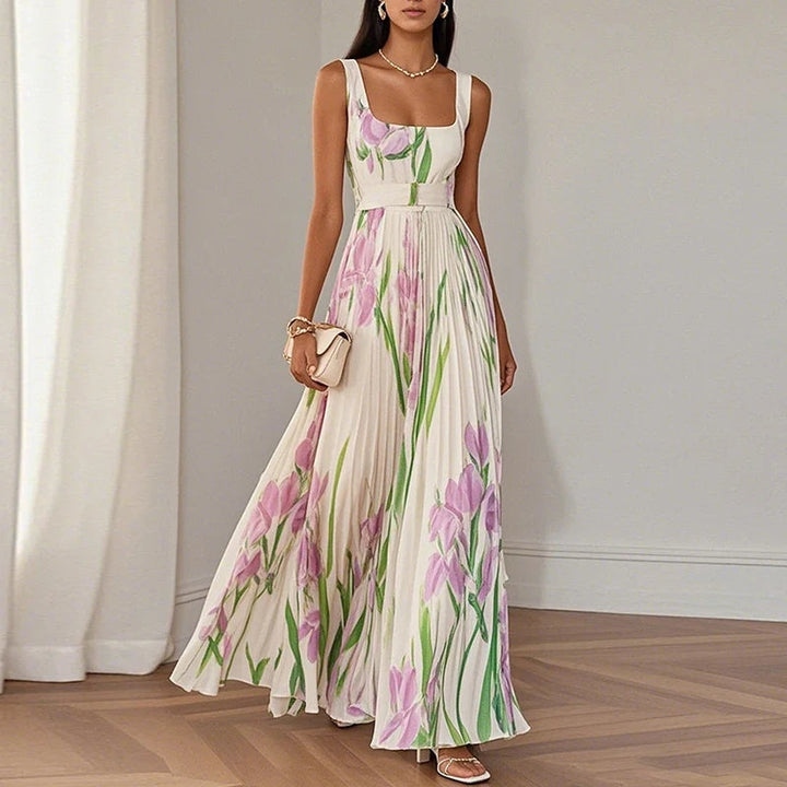 Square neck pleated maxi dress in apricot and purple floral print, side view