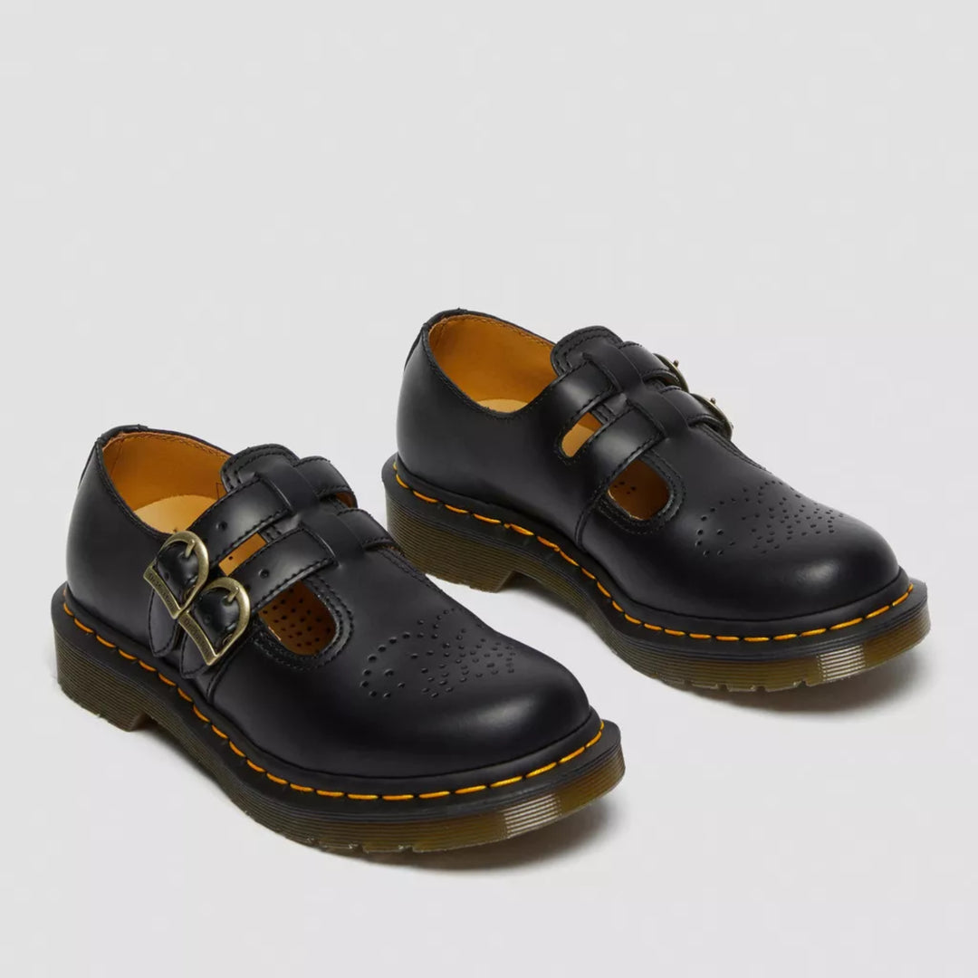 Black double buckle leather mary jane shoes with chunky sole