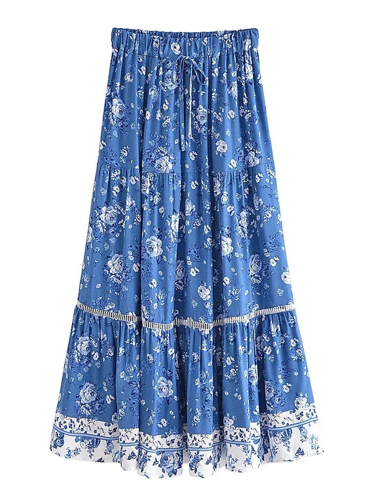 Floral tiered boho maxi skirt worn view, casual summer styling
