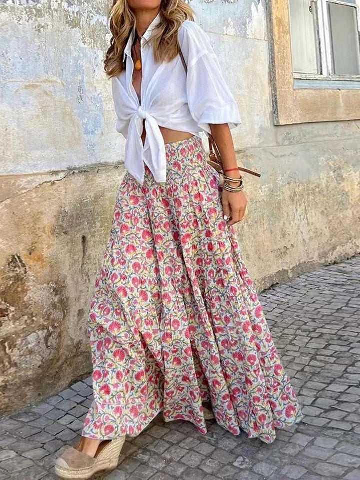 Floral A-line boho maxi skirt, full-length front view