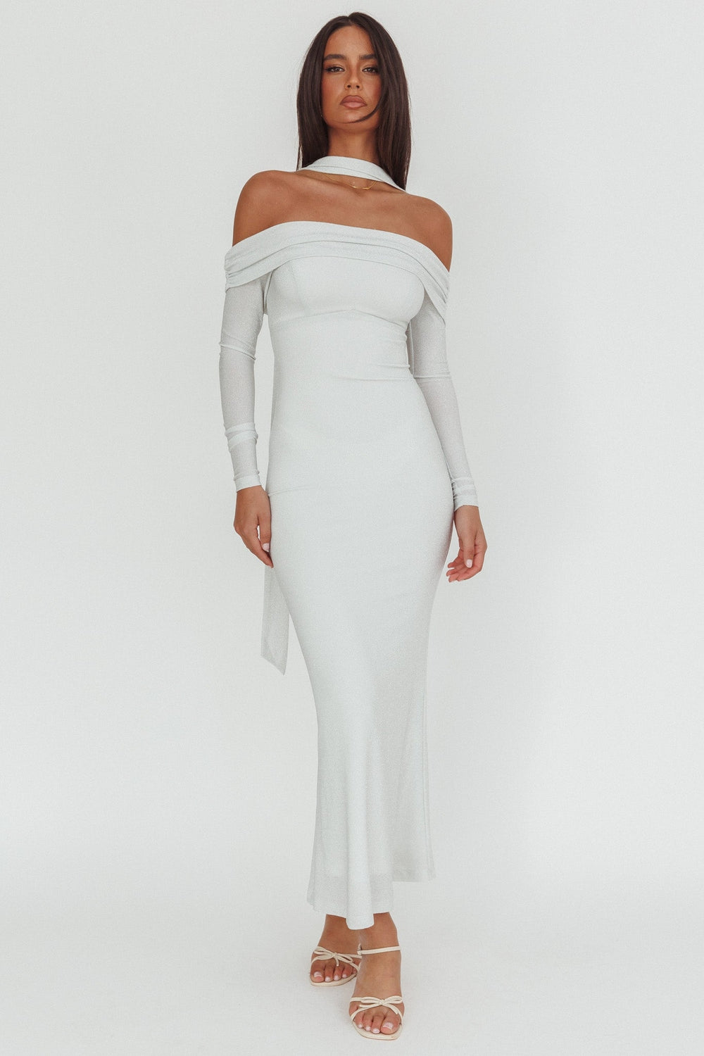 Flutters Off-Shoulder Long Sleeve Maxi Dress White by Selfie Leslie