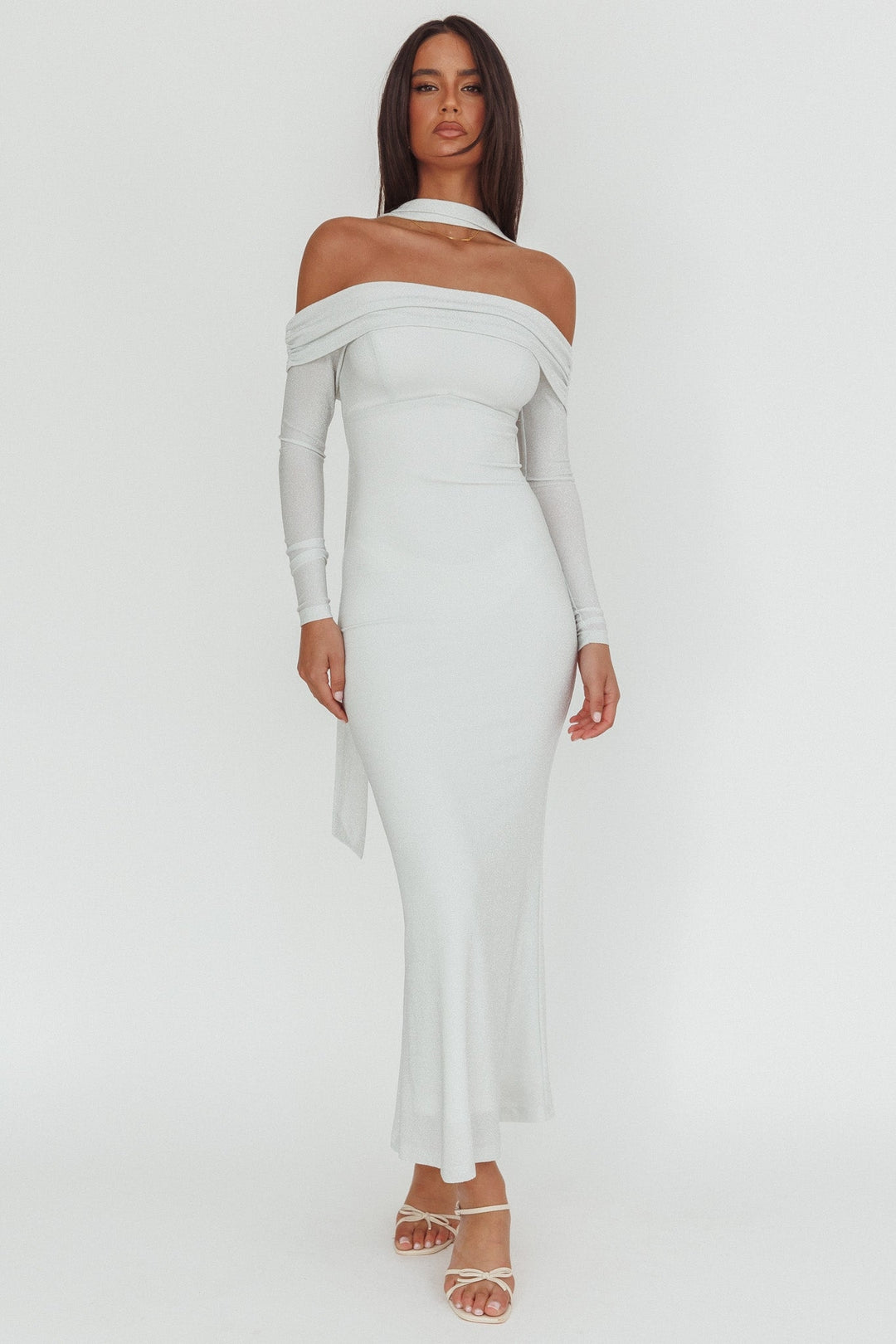 Flutters Off-Shoulder Long Sleeve Maxi Dress White by Selfie Leslie