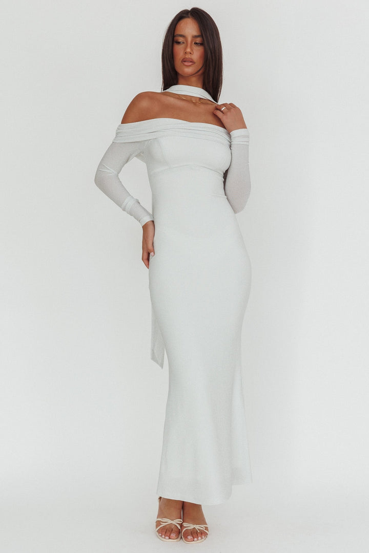 Flutters Off-Shoulder Long Sleeve Maxi Dress White by Selfie Leslie