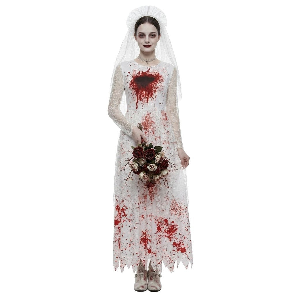 Halloweenowy kostium ducha panny młodej, biała suknia ślubna z plamami krwi, strój na imprezę o tematyce horroru i występy sceniczne, halloweenowy kostium ducha panny młodej, biała suknia ślubna z plamami krwi — zdjęcie 5