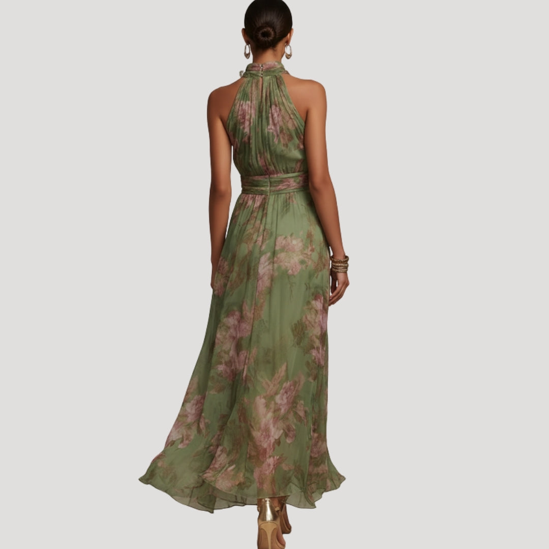Floral halter neck wedding guest maxi dress, gathered halter side view