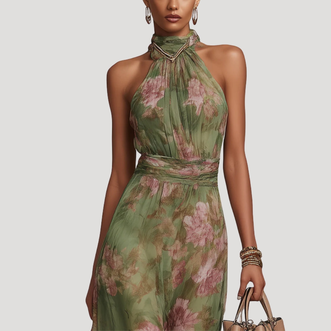 Floral halter neck wedding guest maxi dress, three-quarter defined waist