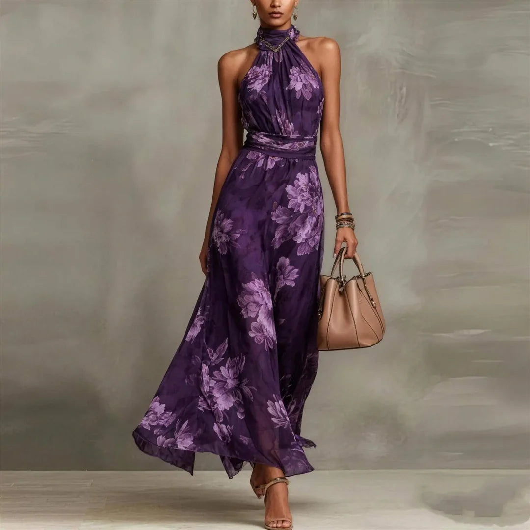 Floral halter neck wedding guest maxi dress, styled garden party occasion