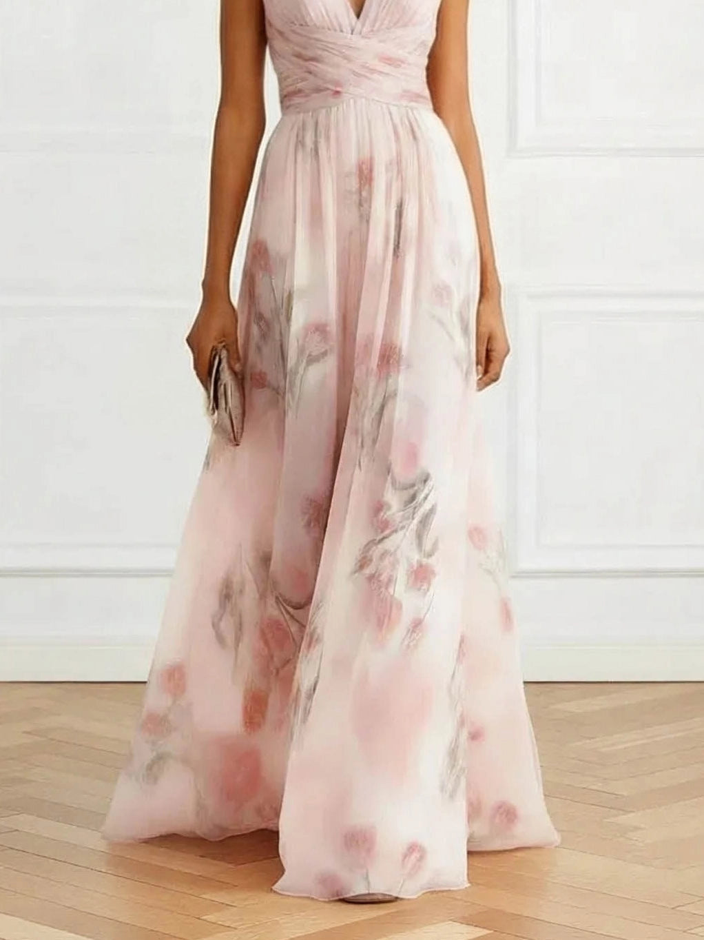V-neck floral print tulle maxi dress in pink, back view