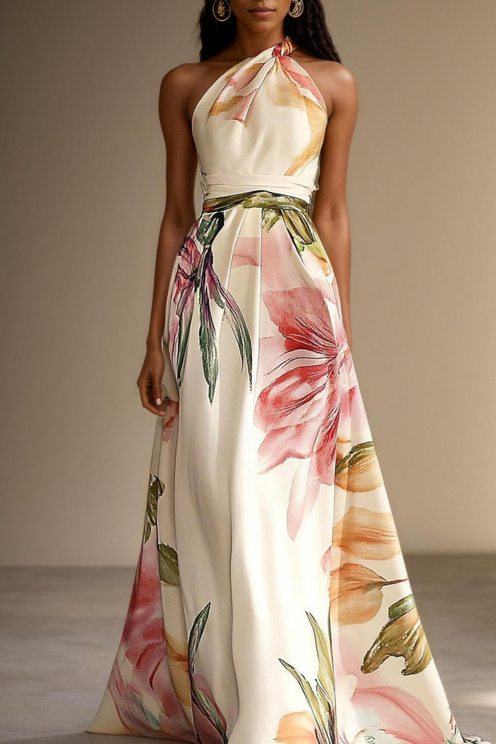 Floral satin one-shoulder wedding guest maxi dress in white, A-line front view