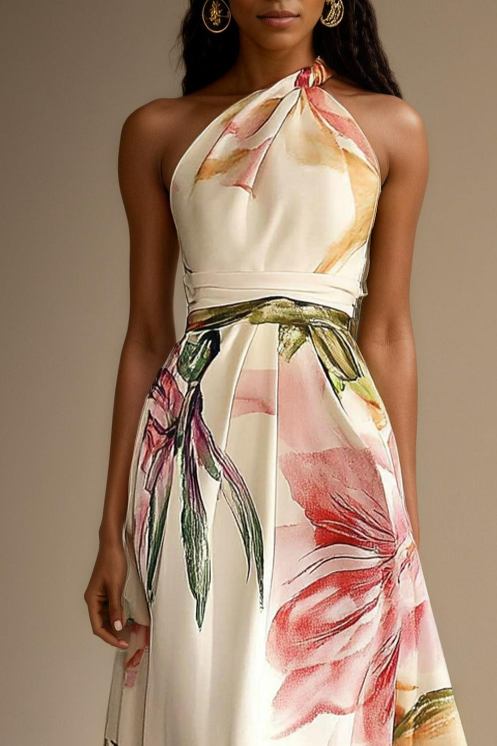One-shoulder floral satin maxi dress showing belted waist, detail view