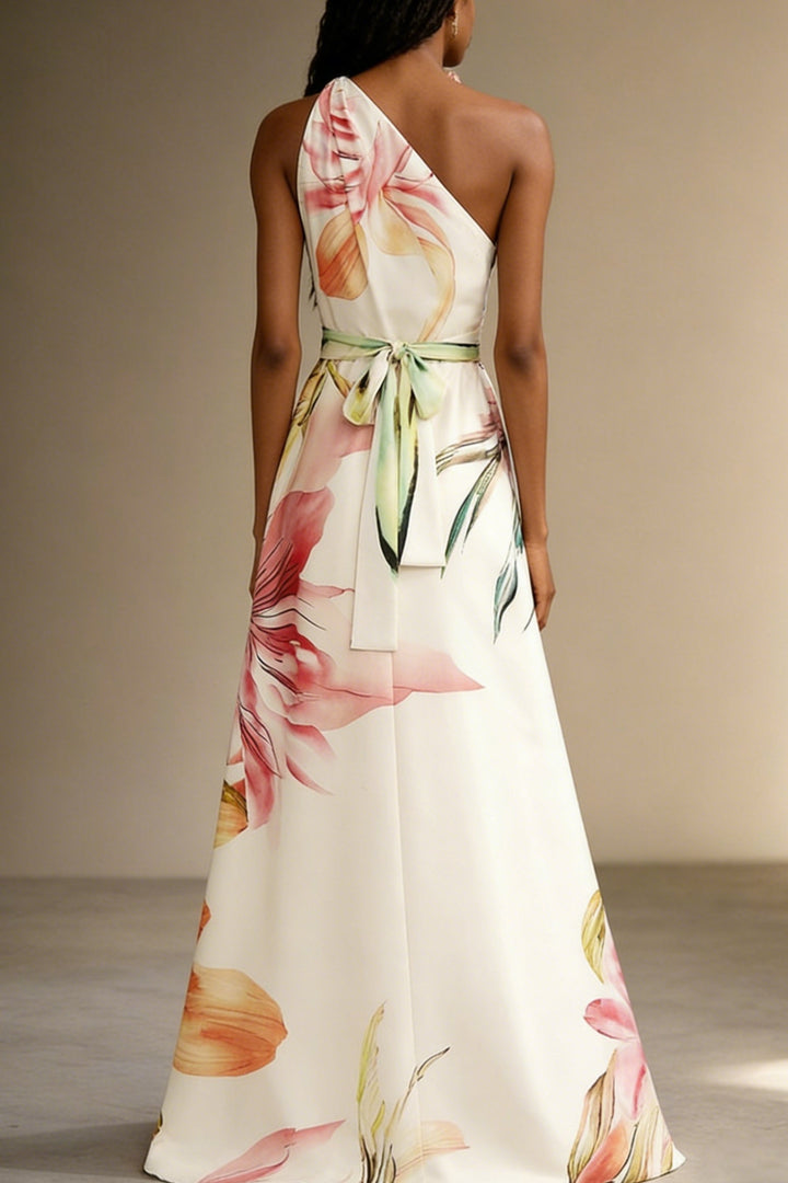 Floral satin one-shoulder wedding guest maxi dress in white, back view