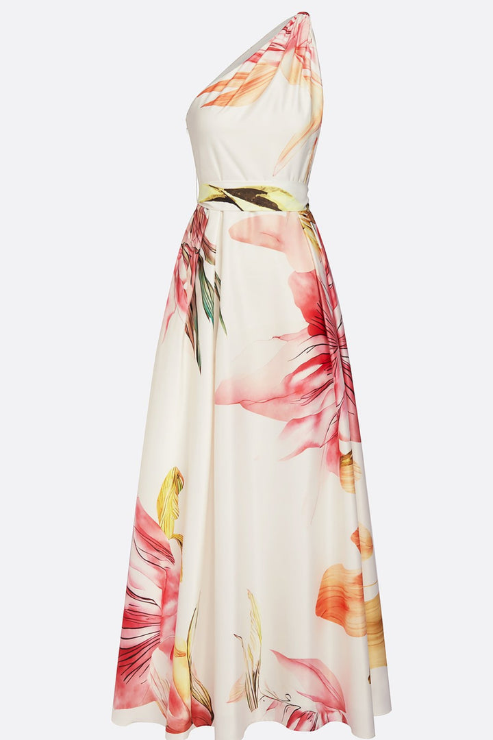 Floral satin one-shoulder maxi dress in pink, A-line front view