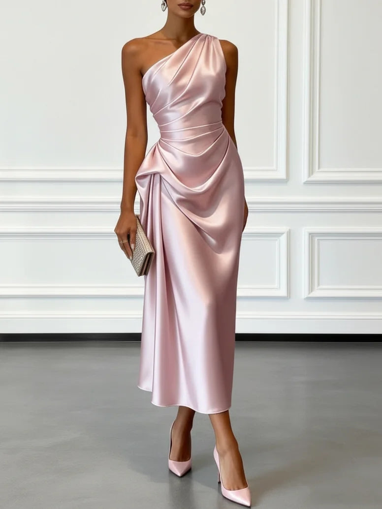 Satin one-shoulder ruched midi dress in blush pink, front view