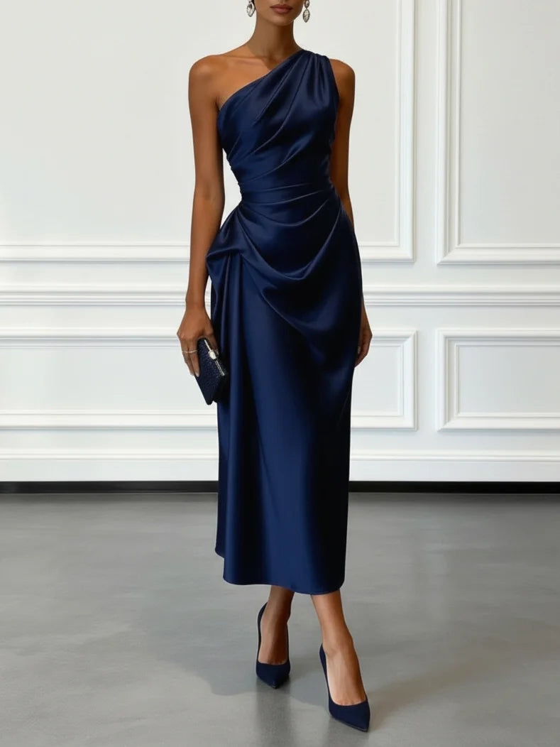 Satin one-shoulder ruched midi dress in navy, front view