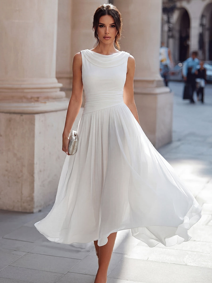 Draped neck sleeveless pleated occasion midi dress in white, front view