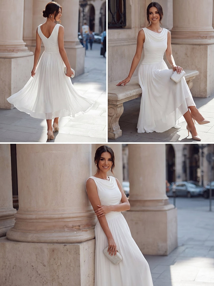 Draped neck occasion midi dress, back view