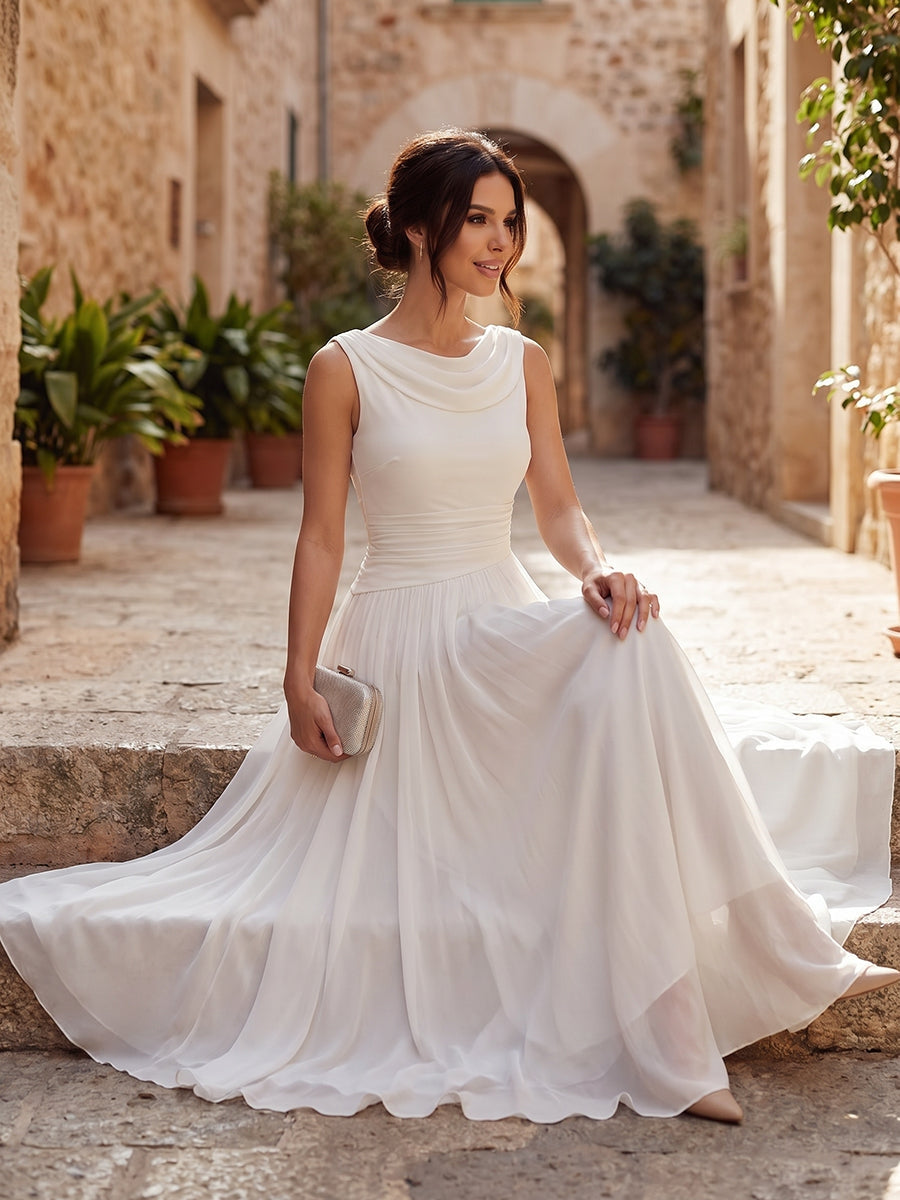 Draped neck sleeveless pleated midi dress, full length view