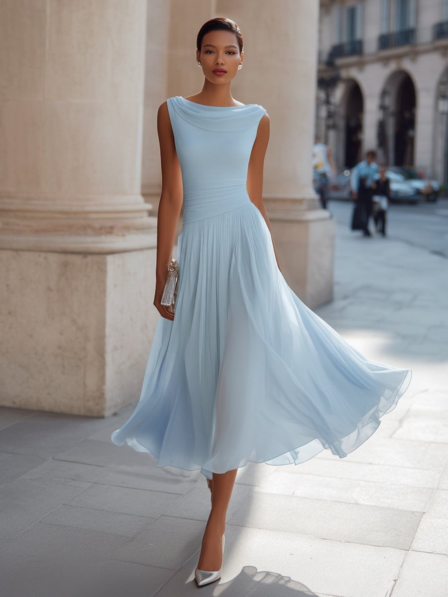 Pleated occasion midi dress with graceful draped neckline, sky blue side view