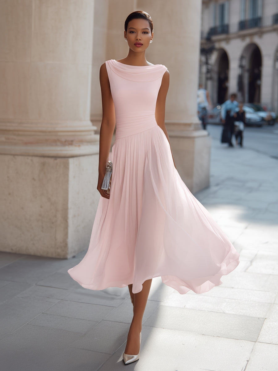 Draped neck midi dress in white, elegant neckline close-up