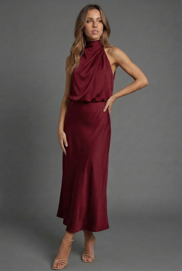 Halterneck satin style wedding guest midi dress in Red, front view