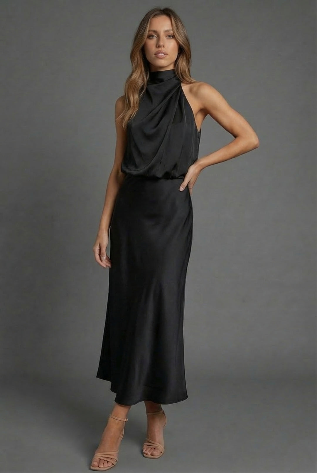 Halterneck satin style wedding guest midi dress, side view