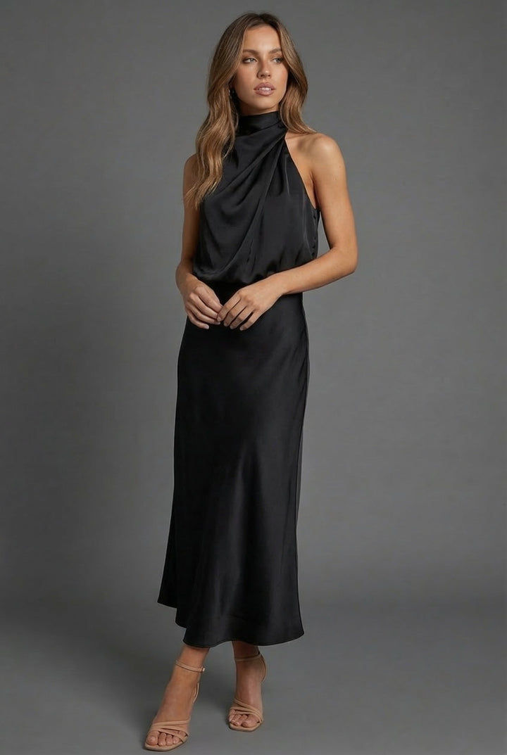 Halterneck satin style wedding guest midi dress, full length view