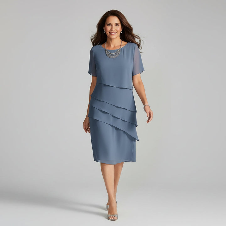 Short sleeve tiered chiffon midi dress in Blue, front view