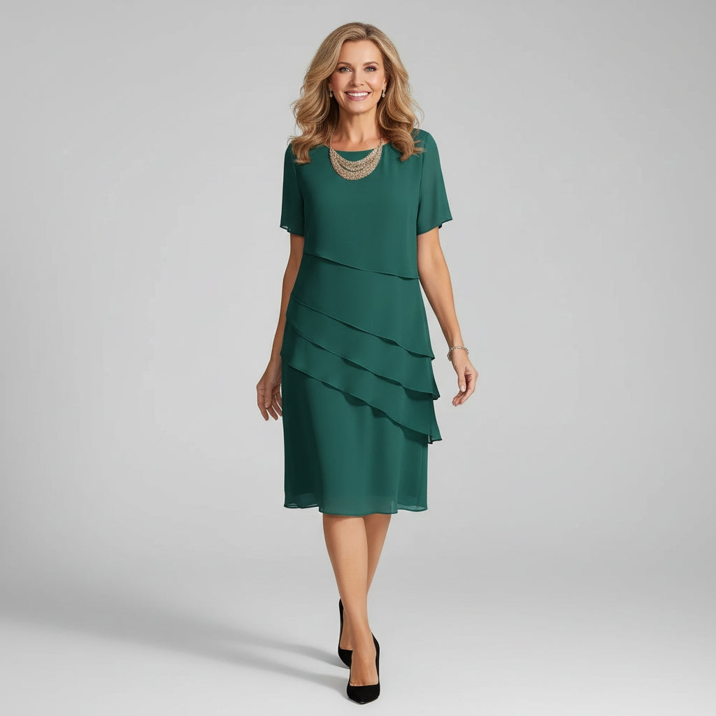 Short sleeve tiered chiffon midi dress in Green, front view